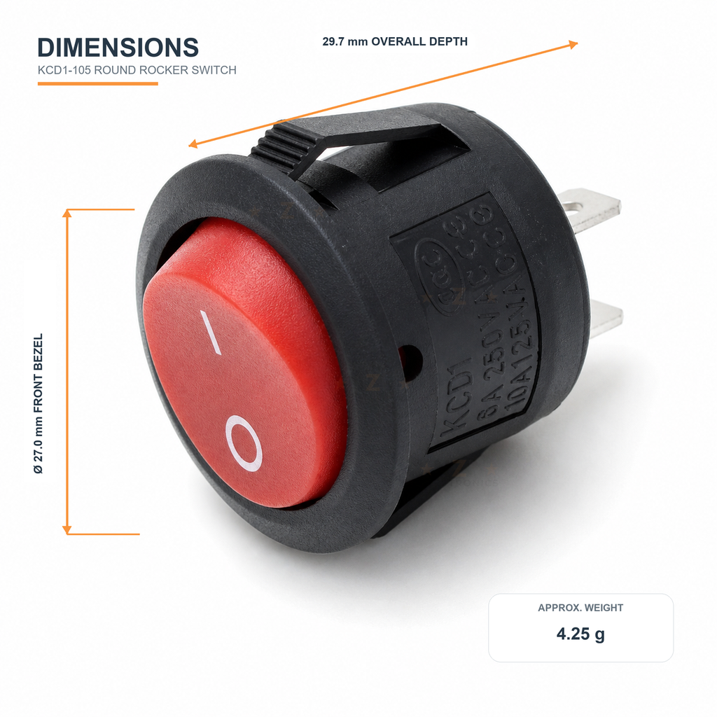 KCD1-105 rocker switch dimensions: 27mm bezel, 29.7mm depth and approximately 4.25g