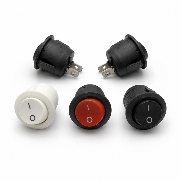 KCD1-105 rocker switch colour options with front and rear two-terminal views