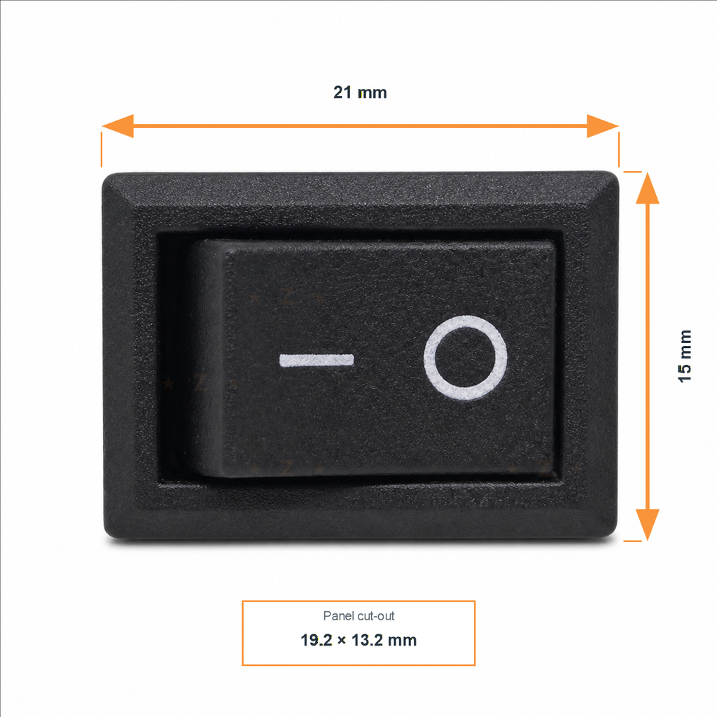 KCD1 rectangular rocker switch dimensions, 21mm by 15mm front face