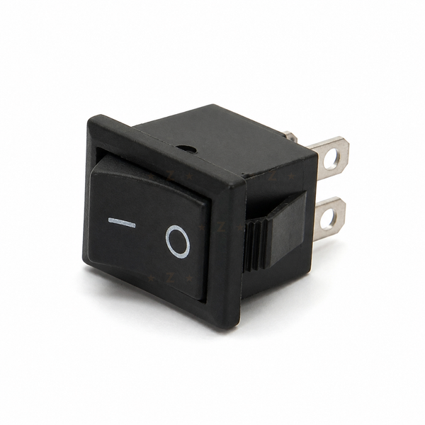 KCD1 21x15mm black rocker switch, three-quarter view showing two terminals