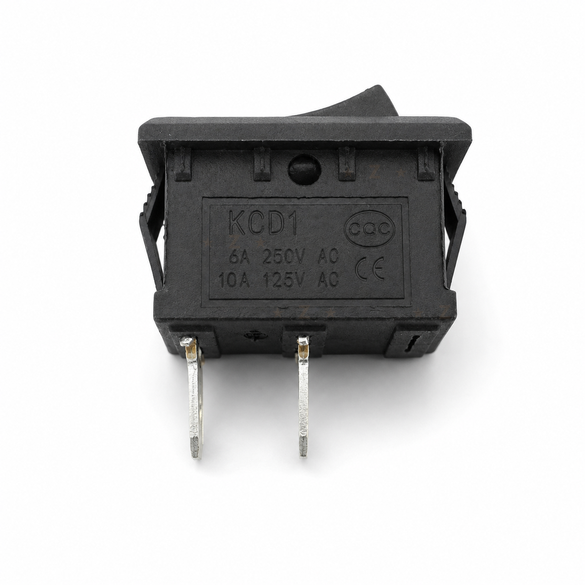 KCD1 rocker switch side view showing 6A 250VAC and 10A 125VAC markings