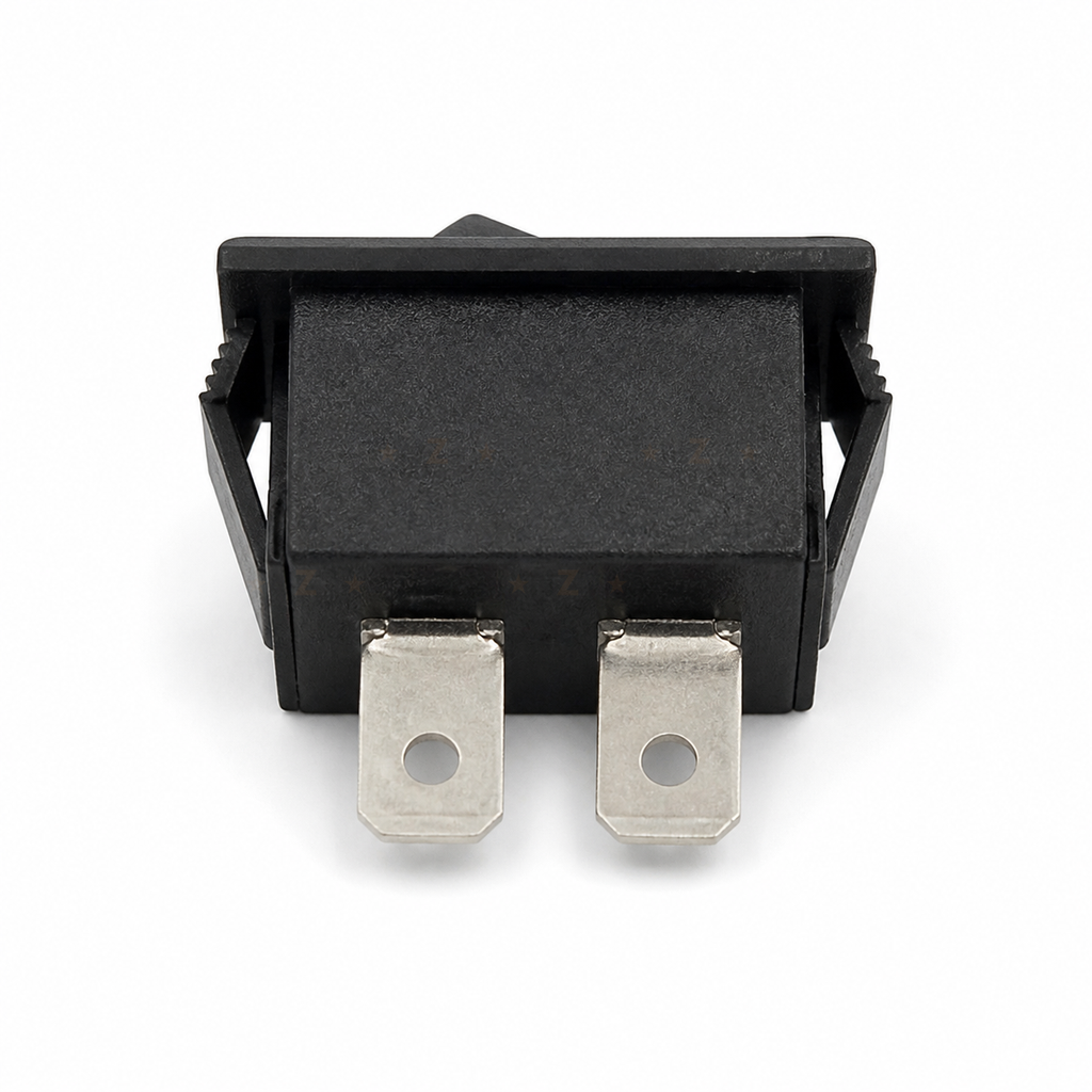 KCD1 rocker switch rear construction with two blade terminals and snap clips