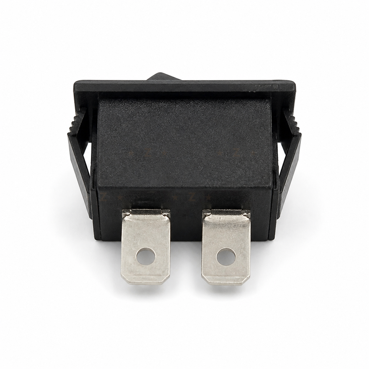 KCD1 rocker switch rear construction with two blade terminals and snap clips