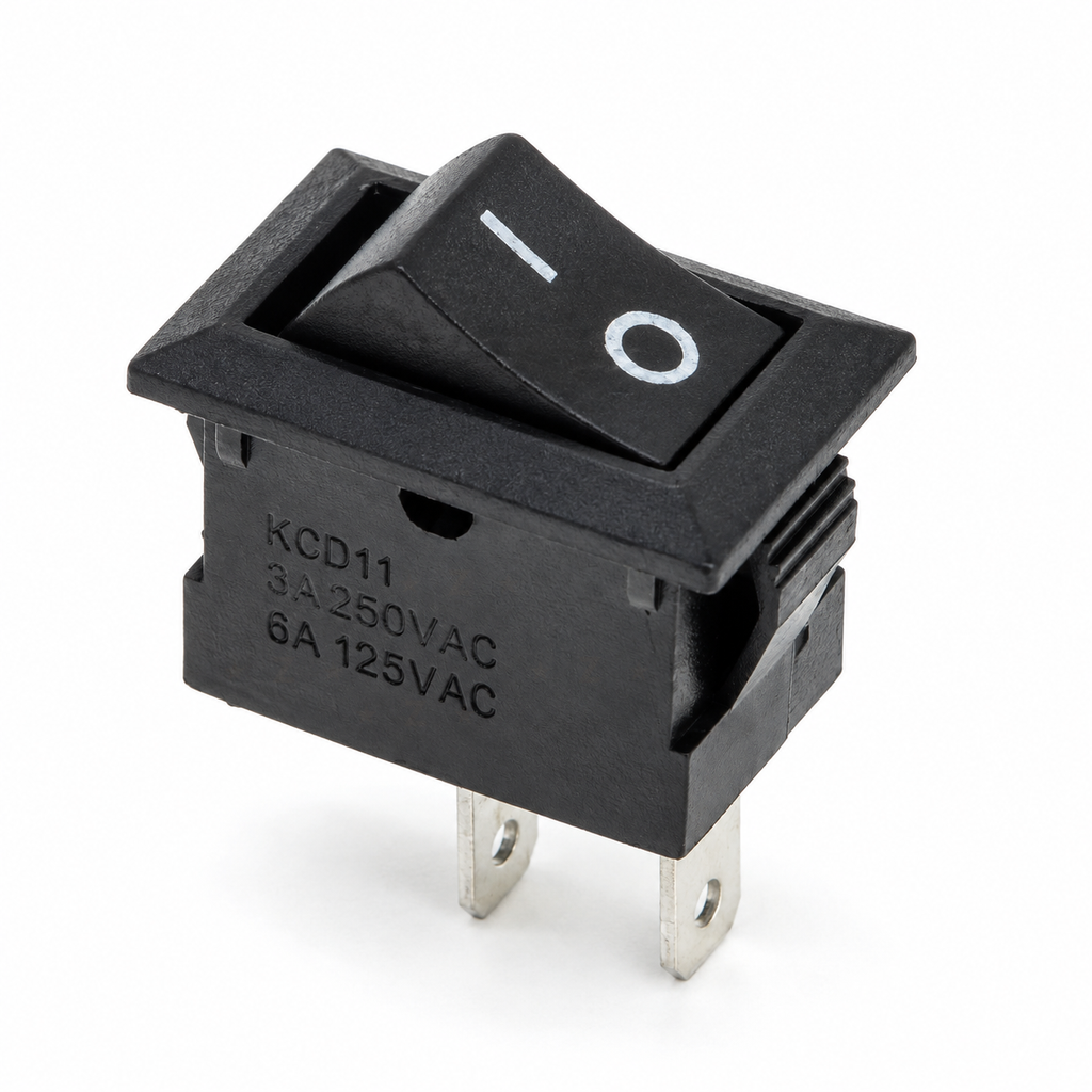KCD11 10x15mm black mini rocker switch with I and O rocker, rating side and two blade lugs below