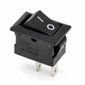 KCD11 10x15mm black mini rocker switch with I and O rocker, rating side and two blade lugs below