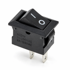 KCD11 10x15mm black mini rocker switch with I and O rocker, rating side and two blade lugs below