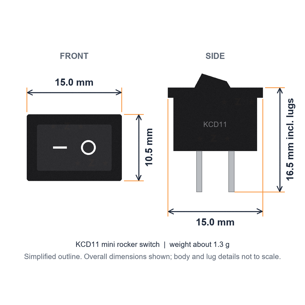 KCD11 dimensions: 15.0 x 10.5 mm front face and 16.5 mm overall height including lugs