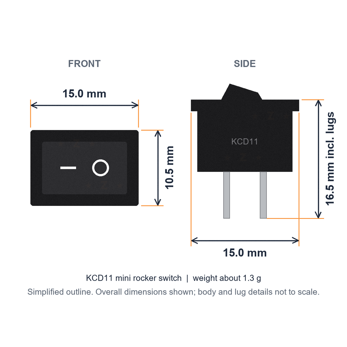 KCD11 dimensions: 15.0 x 10.5 mm front face and 16.5 mm overall height including lugs