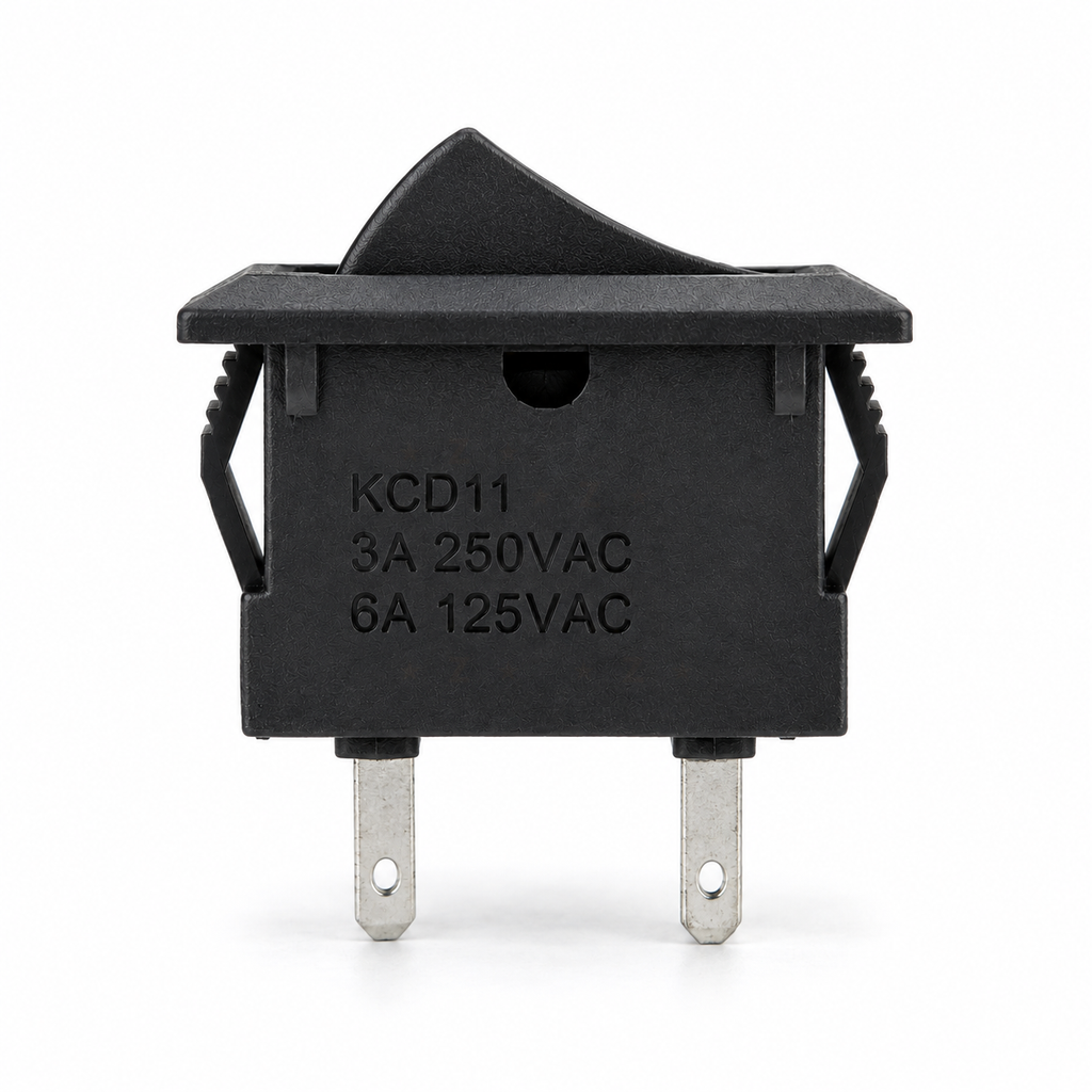 Side view of the KCD11 switch showing the KCD11 3A 250VAC 6A 125VAC marking and two lugs from the base