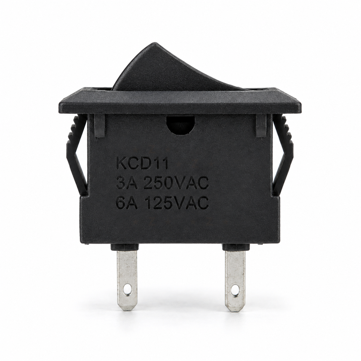 Side view of the KCD11 switch showing the KCD11 3A 250VAC 6A 125VAC marking and two lugs from the base