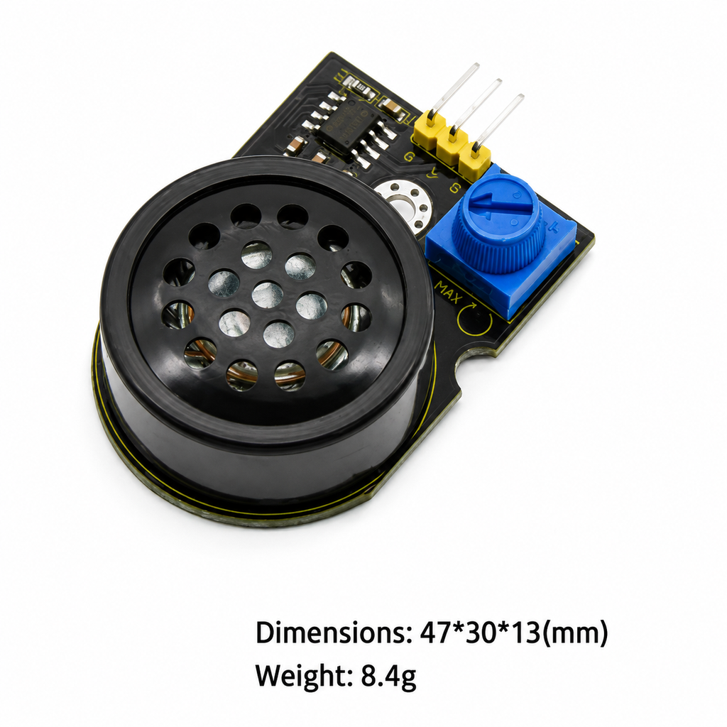 Keyestudio SC8002B module dimensions, 47 by 30 by 13 mm and 8.4 g