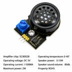 Keyestudio SC8002B specifications: SC8002B chip, 5V DC, 500mA or more, 2W maximum power, 0 to 40 degrees C, 0.15W speaker, 80dB, RoHS