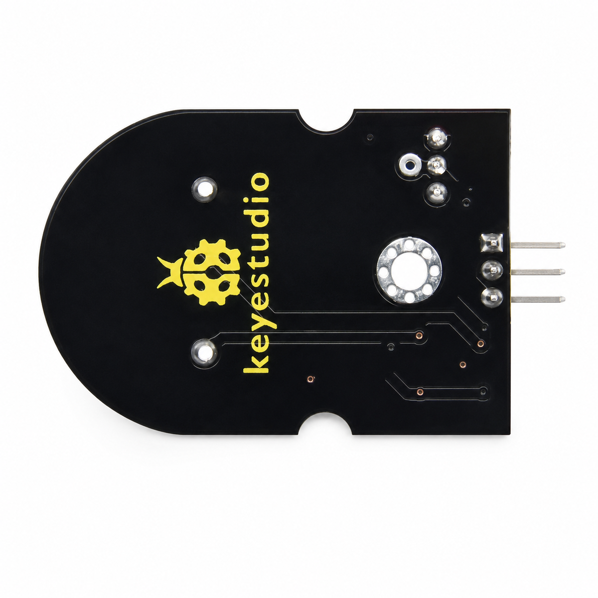 Underside of the Keyestudio SC8002B PCB showing the keyestudio ladybird logo in yellow silkscreen and the two mounting holes