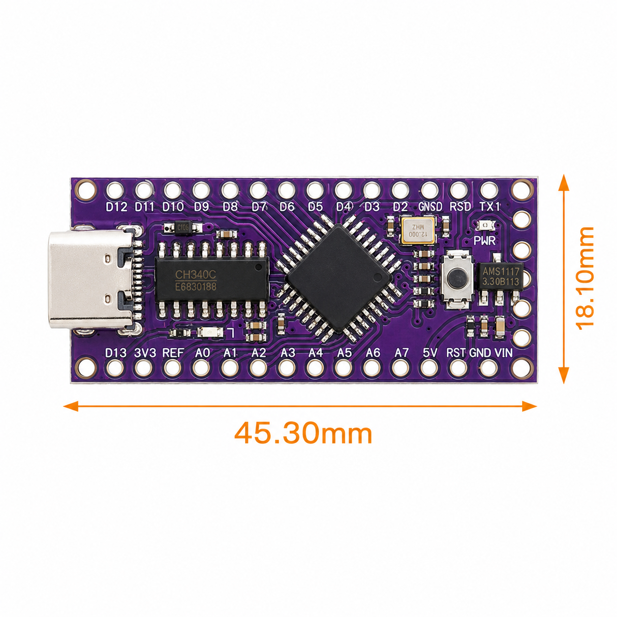 LGT8F328P board dimensions, 45.30 x 18.10mm, with full pinout labelled