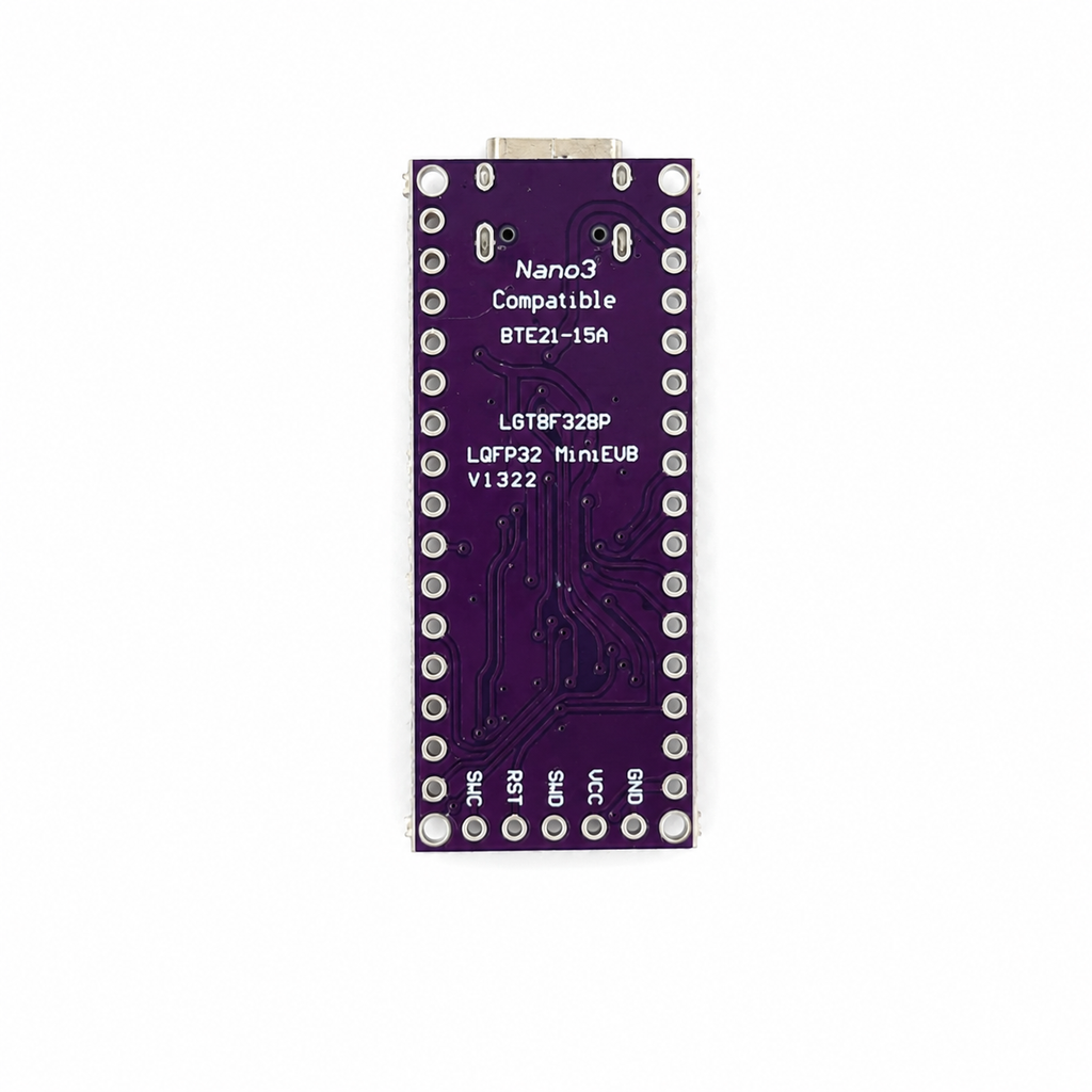 LGT8F328P board underside showing Nano3 Compatible silkscreen and SWC/SWD debug pads