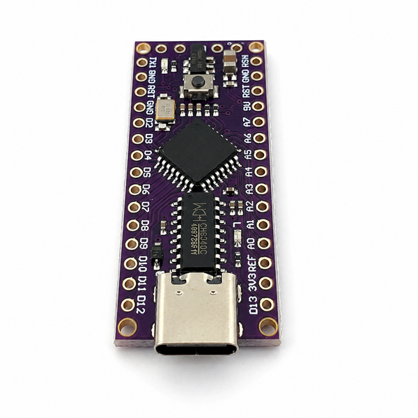 LGT8F328P LQFP32 Nano-compatible dev board, purple PCB, USB-C, top view