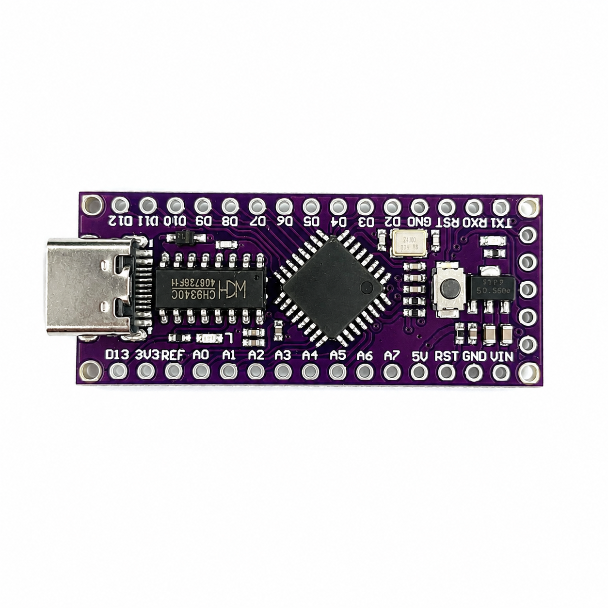 LGT8F328P board top view showing CH340C USB-serial chip, AMS1117 regulator and 12MHz crystal