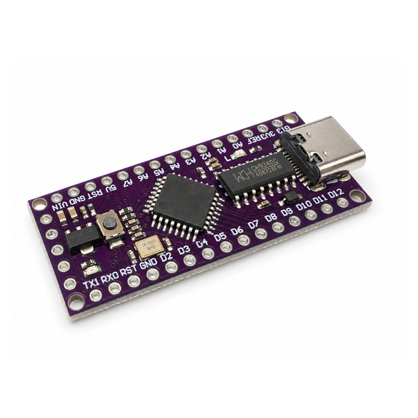 Purple LGT8F328P-LQFP32 MiniEVB USB-C development board at a three-quarter angle