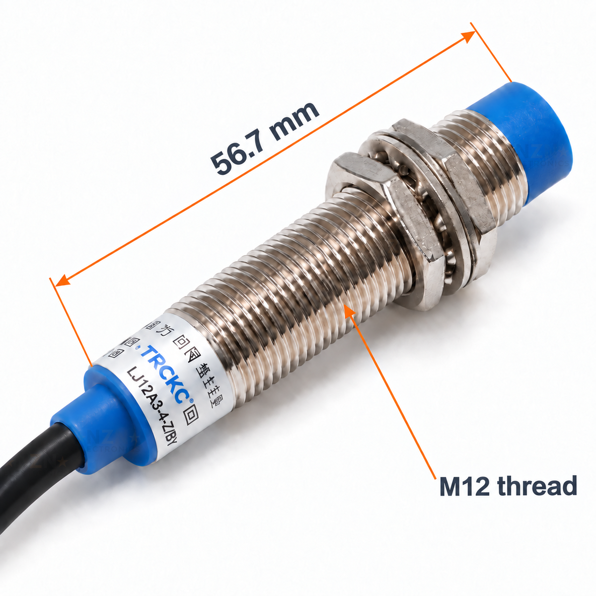 LJ12A3-4-Z/BY sensor with 56.7 mm body-length annotation and M12 thread callout
