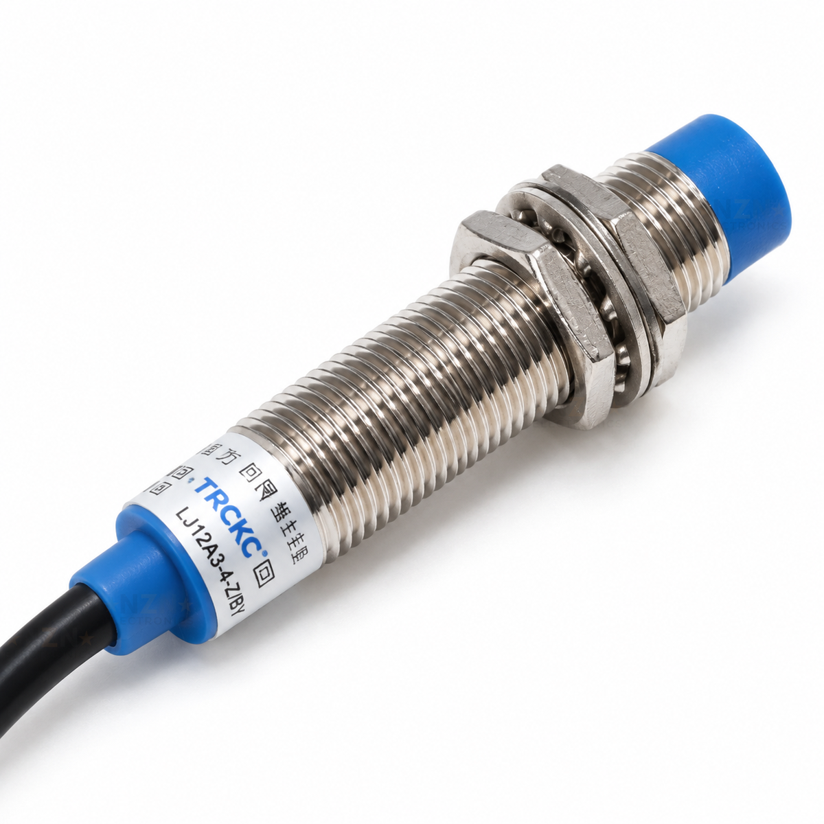 LJ12A3-4-Z/BY sensor with mounting nuts and washers fitted, showing the full body and cable exit