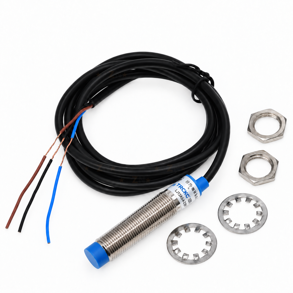 LJ12A3-4-Z/BY proximity sensor with coiled cable, three leads, two mounting nuts and two lock washers