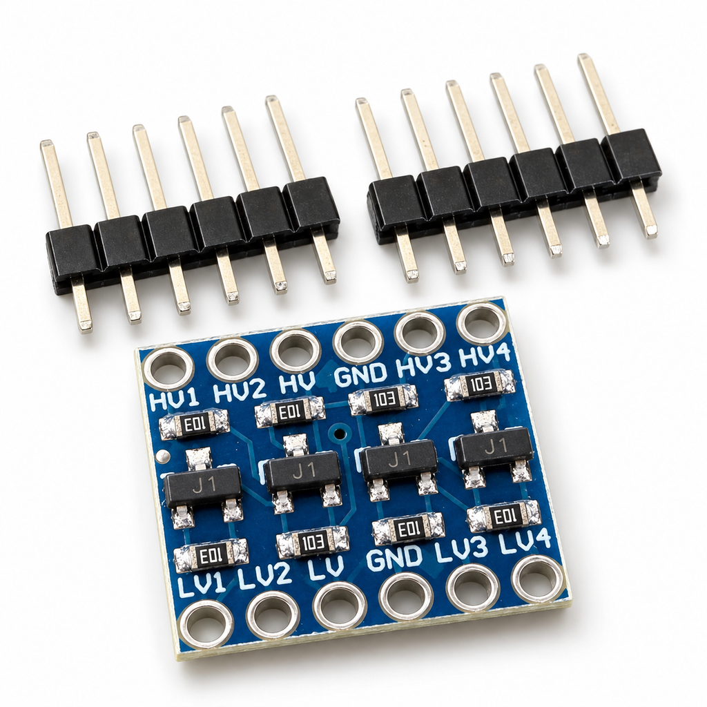 4-channel BSS138 logic level converter board with two loose 6-pin headers, component side up