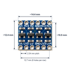 Logic level converter dimensions: about 14.4 x 12.4 mm, hole rows about 10.5 mm apart, 2.54 mm pitch
