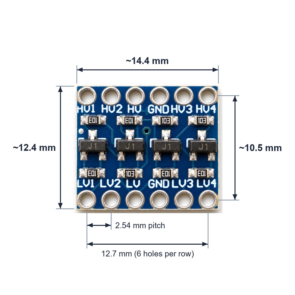 Logic level converter dimensions: about 14.4 x 12.4 mm, hole rows about 10.5 mm apart, 2.54 mm pitch