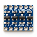 Top view of the logic level converter showing HV1 to HV4 and LV1 to LV4 pin labels and four J1 MOSFETs