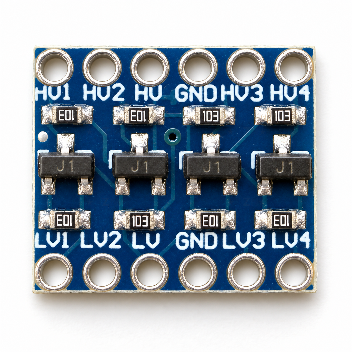 Top view of the logic level converter showing HV1 to HV4 and LV1 to LV4 pin labels and four J1 MOSFETs