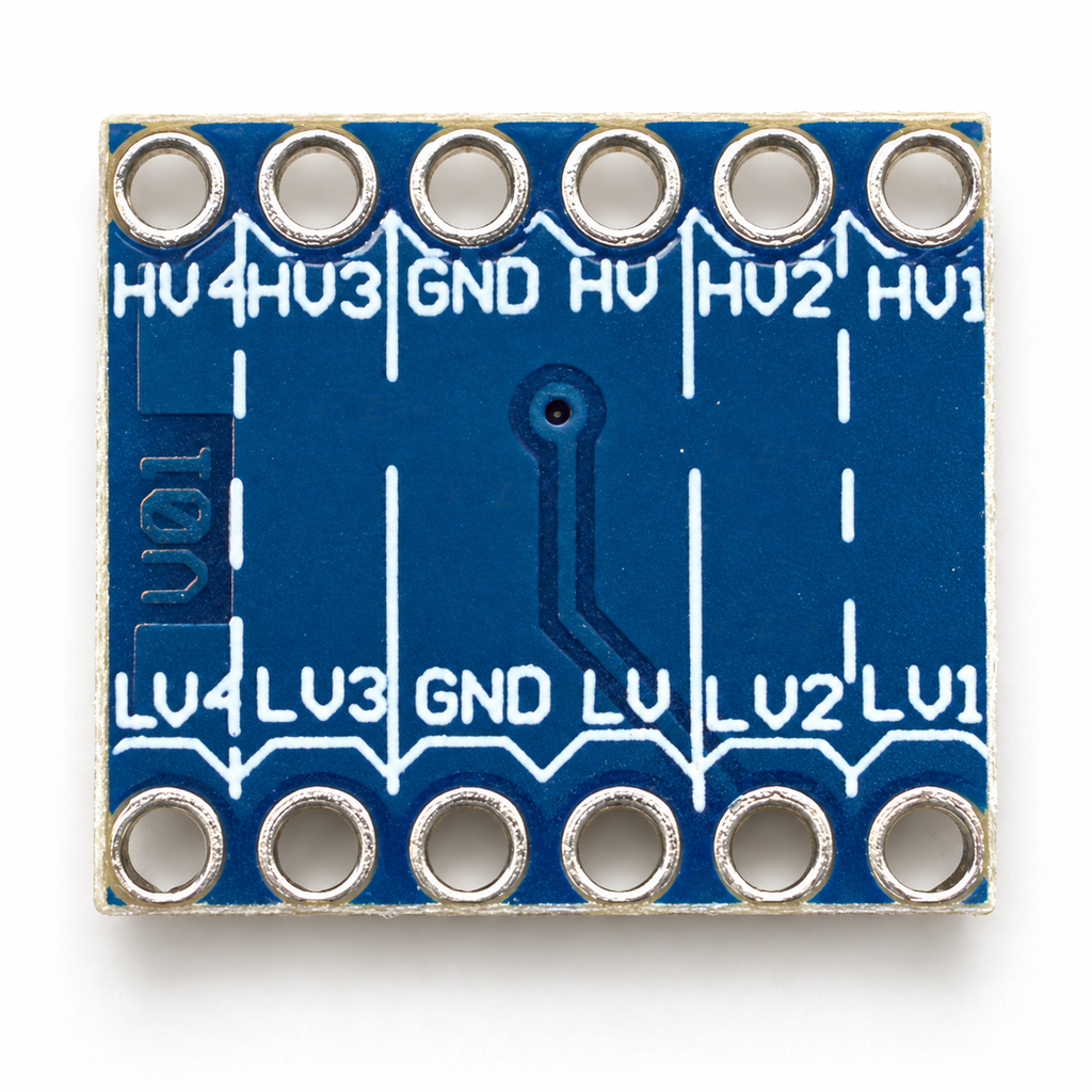 Underside of the logic level converter with mirrored HV and LV pin labels