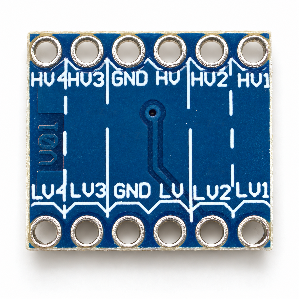 Underside of the logic level converter with mirrored HV and LV pin labels