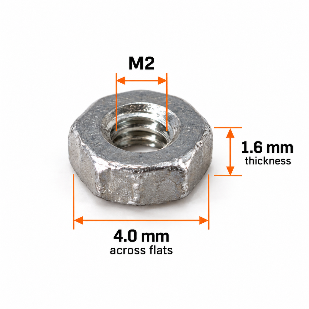 M2 hex nut with dimensions marked, 4.0 mm across flats and 1.6 mm thick