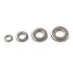 M2, M3, M4 and M5 304 stainless steel flat washers in a row from smallest to largest