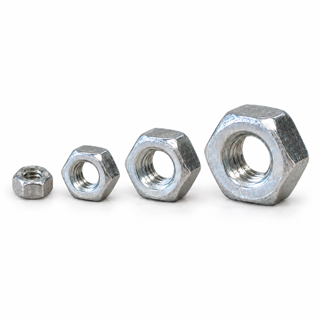 M2, M3, M4 and M5 stainless steel hex nuts lined up smallest to largest