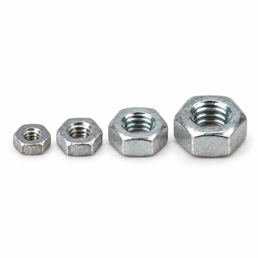 The four hex nut sizes lying flat, showing the internal thread of each