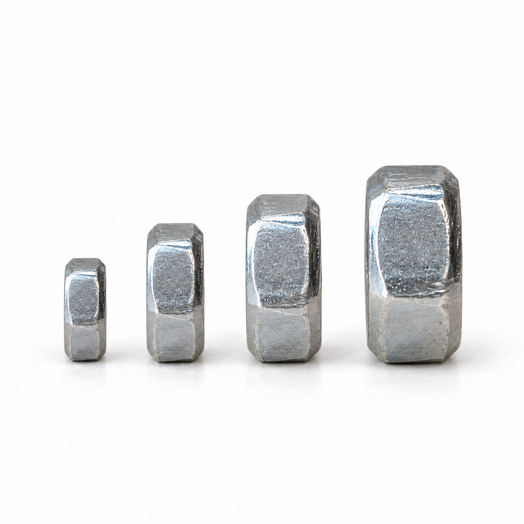 Side view of the four nuts comparing thickness, 1.6 mm on M2 up to 4.0 mm on M5