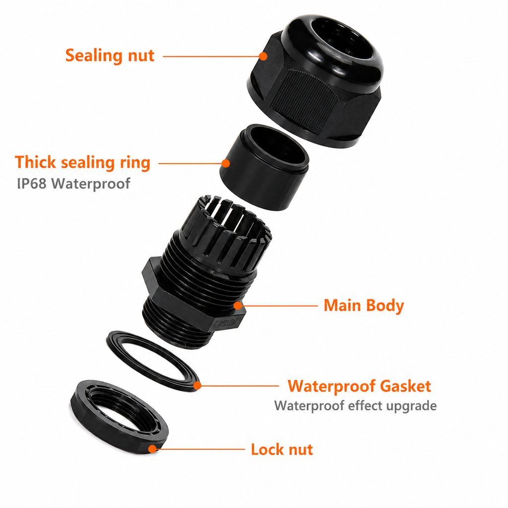 M20 cable gland exploded view showing sealing nut, sealing ring, main body, waterproof gasket and lock nut
