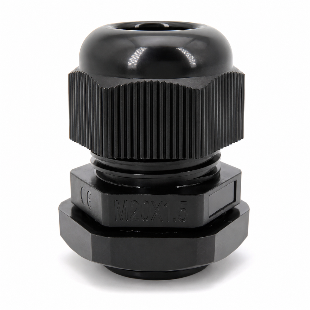 M20 black nylon cable gland with locknut, moulded M20x1.5 marking