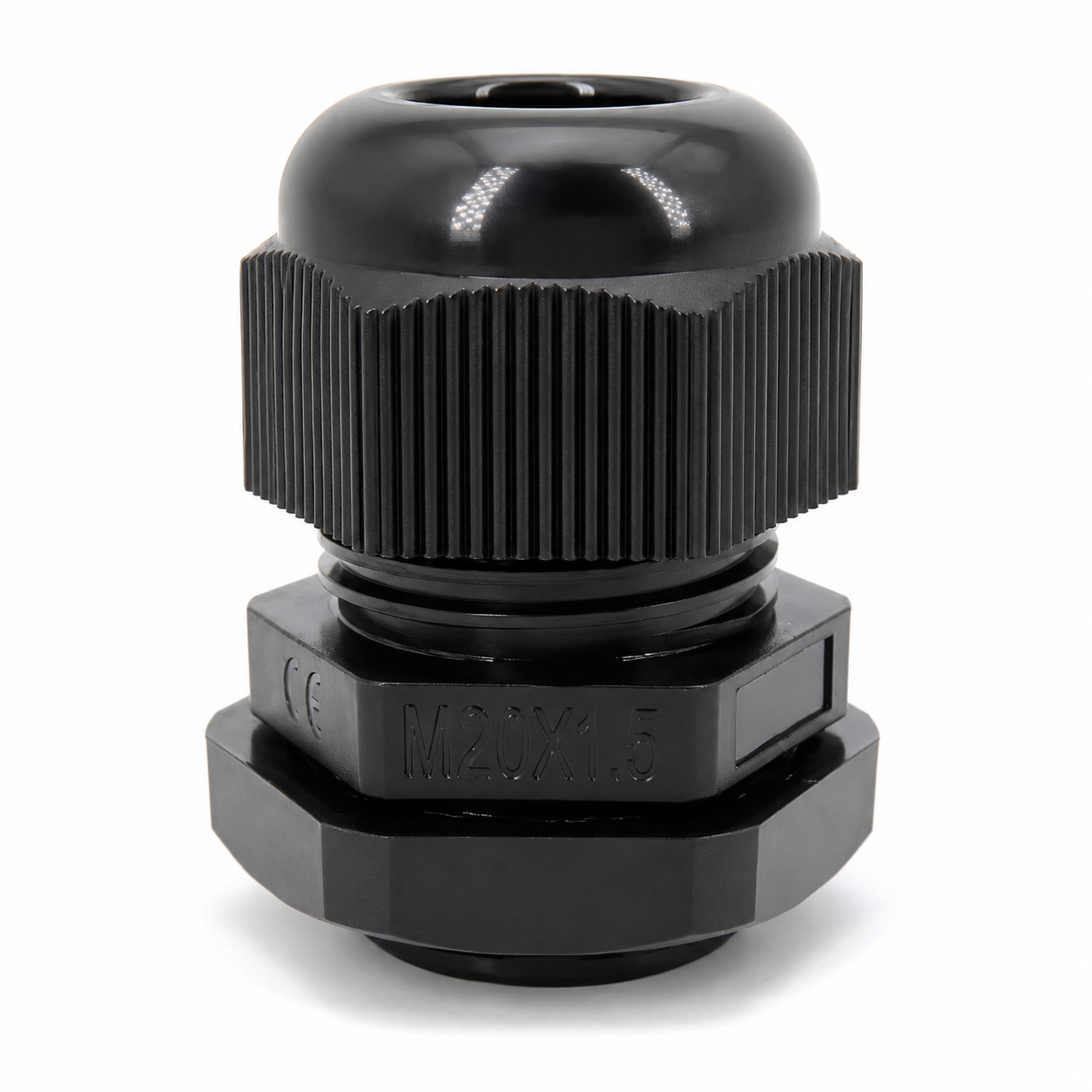 M20 black nylon cable gland with locknut, moulded M20x1.5 marking