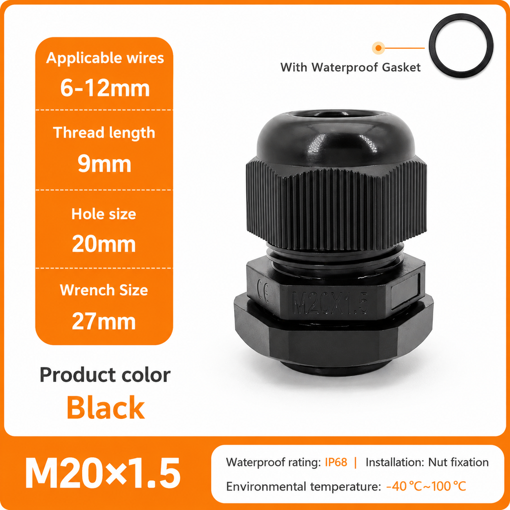M20x1.5 cable gland specifications: 6-12mm cable, 9mm thread, 20mm hole, 27mm wrench, IP68, -40 to 100 degrees C