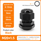 M20x1.5 cable gland specifications: 6-12mm cable, 9mm thread, 20mm hole, 27mm wrench, IP68, -40 to 100 degrees C