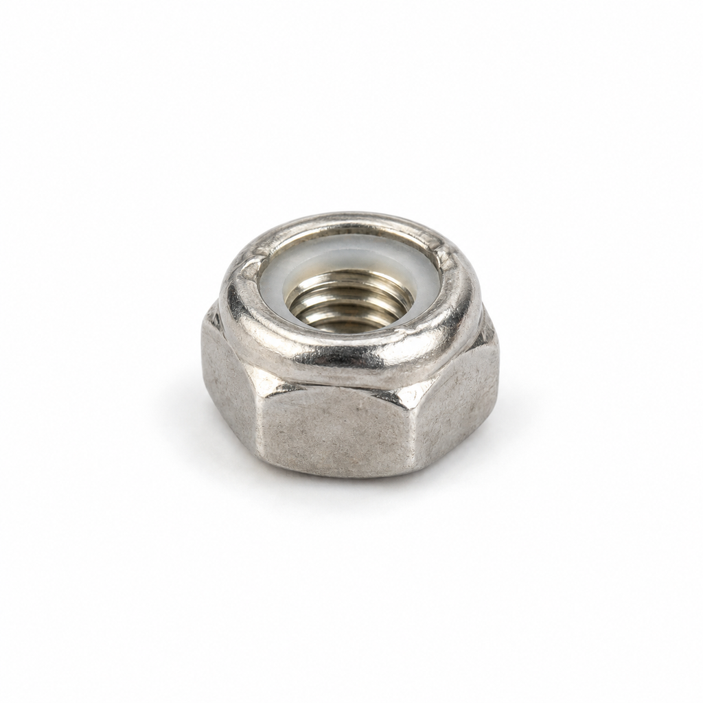 Side view of an M3 304 stainless steel nylon insert lock nut