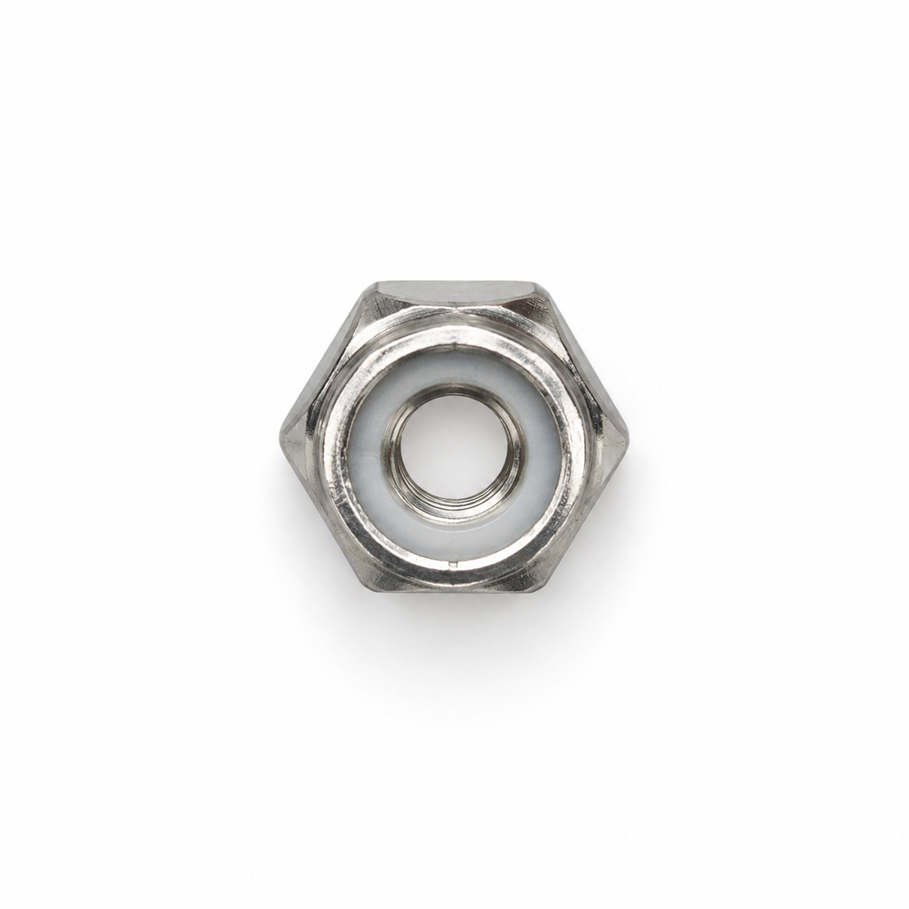 Top view of an M3 stainless steel lock nut with white nylon insert