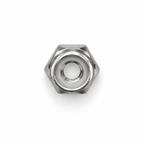 Top view of an M3 stainless steel lock nut with white nylon insert