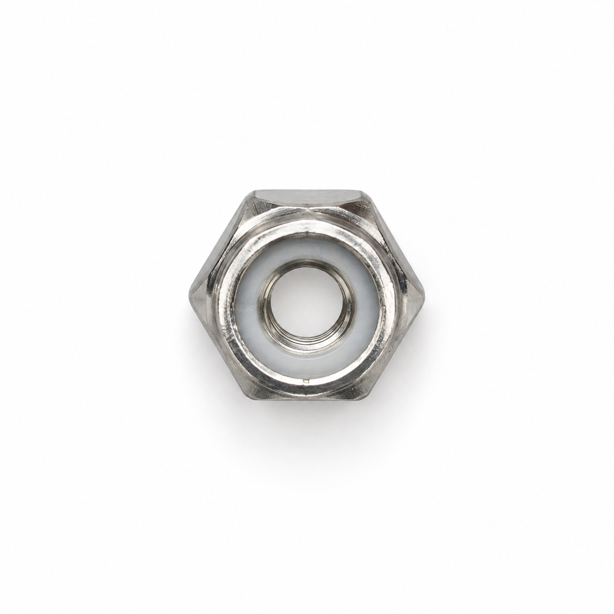 Top view of an M3 stainless steel lock nut with white nylon insert