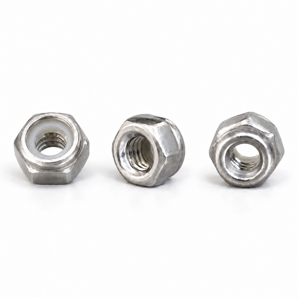 Three identical M3 304 stainless steel nylon insert lock nuts on white