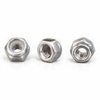 Three identical M3 304 stainless steel nylon insert lock nuts on white
