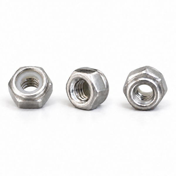 Three identical M3 304 stainless steel nylon insert lock nuts on white