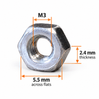 M3 hex nut with dimensions marked, 5.5 mm across flats and 2.4 mm thick